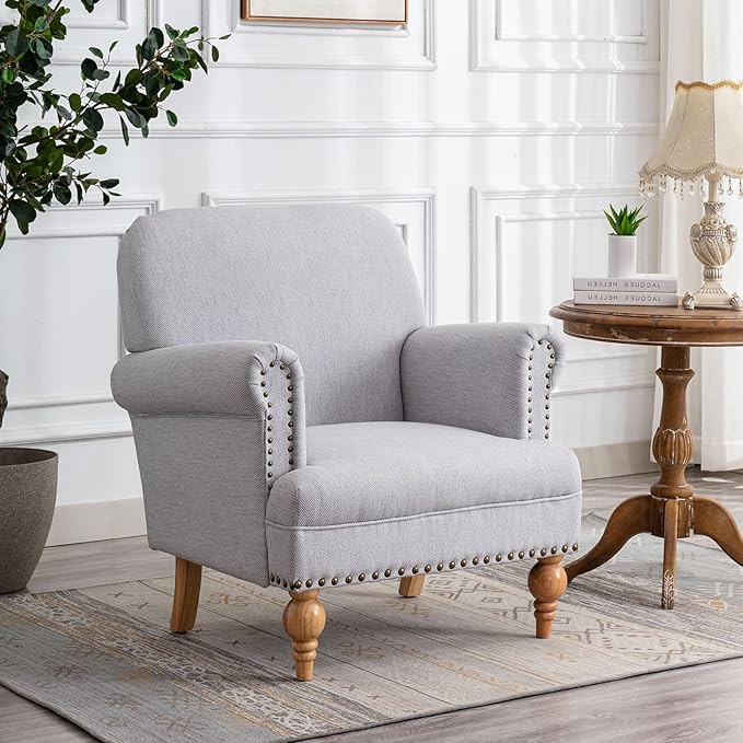 Linen Accent Chair Mid-Century Modern Living Room Armchair with Nailhead Trim & Wood Legs Comfy Upholstered Single Sofa Chair for Lounge/Bedroom/Reception, Grey