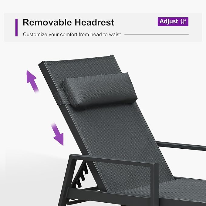 PURPLE LEAF Patio Lounge Chair Set of 3 Outdoor Chaise Lounger Aluminum Frame with Armrest Side Table and Wheels for Pool Outside Sunbathing Tanning Recliner Including Pillows Gray