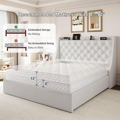 Full Size Upholstered Platform Bed Frame with 4 Storage Drawers and Charging Station, Linen Button Tufted Wingback Headboard, Sturdy Wooden Support Slats, No Box Spring Needed, White