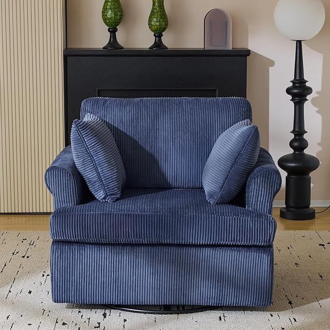 Karl home Swivel Accent Chair Set of 2, 39" Oversized Armchair W/2 Pillows and 4 Pockets,Modern Corduroy Barrel Chairs,Comfy Single Sofa for Living Room,Reading,Bedroom and Office-Dark Blue