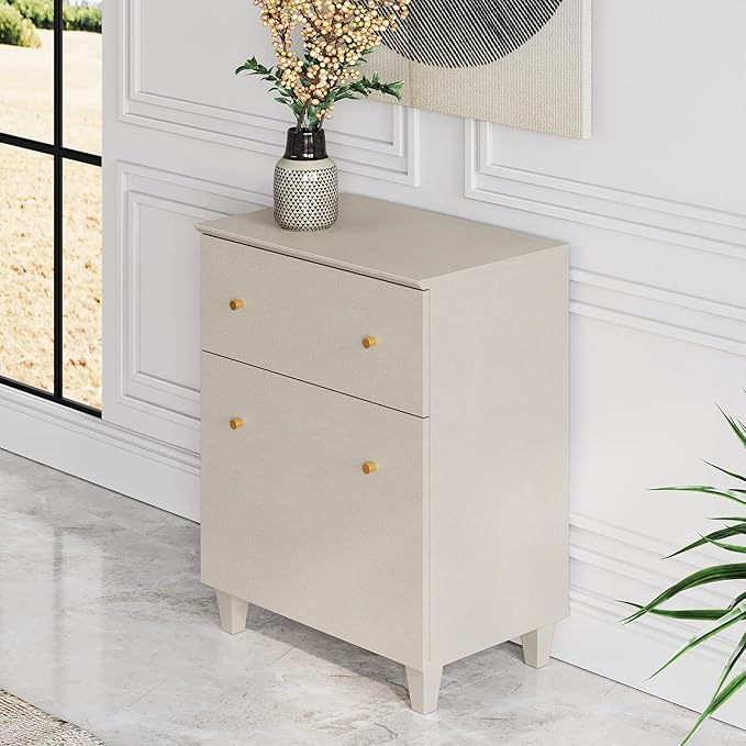 WAMPAT Storage Cabinet for Living Room, 32.4" H Freestanding Wood Accent Cabinets Floor Cupboard with Drawer, Door, and Adjustable Shelf for Dining Room, Kitchen, Entryway, Beige Linen Texture Finish