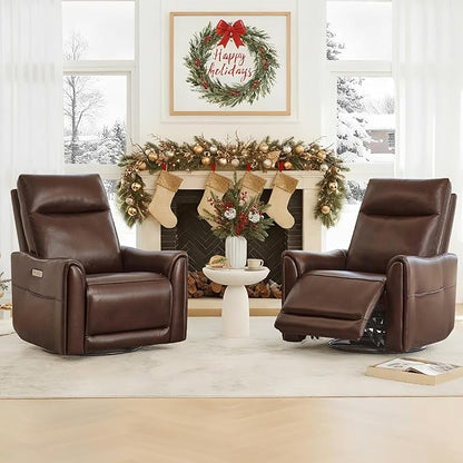 Watson & Whitely Genuine Leather Power Recliner Chairs for Adults, Swivel Glider Recliner Chair for Living Room with Charging Ports, Dark Brown