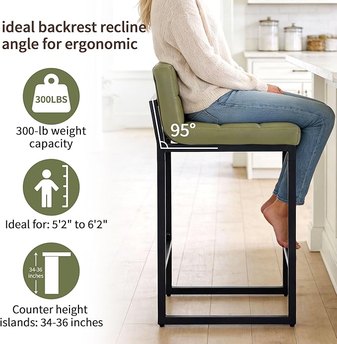 Bar Stools Set of 3, Upholstered PU Leather Counter Height Barstools with Low Back and Thickened Metal Legs, Modern Counter Stools for Kitchen Island (Avocado Green, 3Pcs 26" Bar Stools)