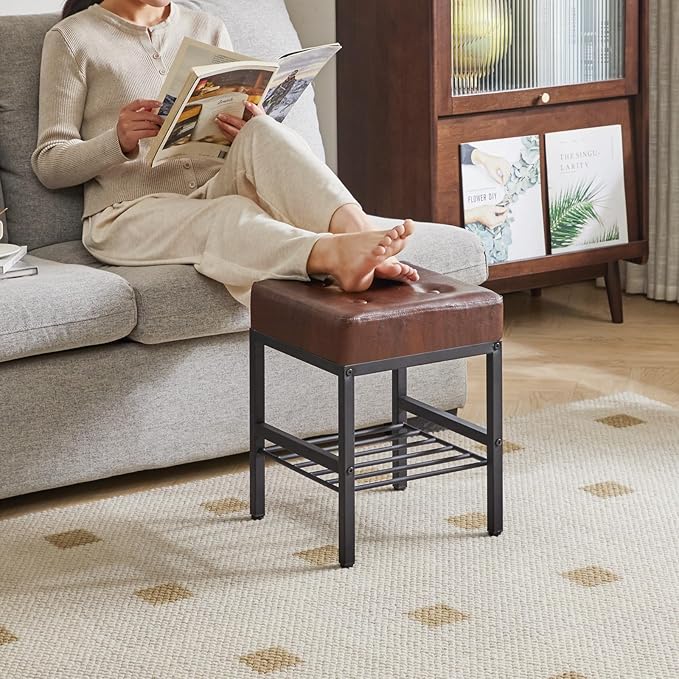 IBUYKE Square 16.34 inches Stool with Adjustable Feet and Storage Space, Footrest Chair,Multi-Use as Small Side Table or Ottoman, for Bedroom, Dark Brown LG-60Z