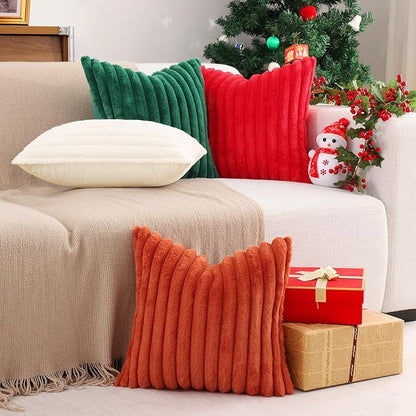 Pallene Faux Fur Plush Christmas Throw Pillow Covers 16x16 Set of 2, Luxury Soft Fluffy Striped Decorative Pillow Covers for Sofa, Couch, Living Room, Red