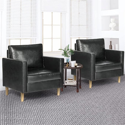 STHOUYN Black Faux Leather Accent Chairs Set of 2 Small Living Room Bedroom Chairs, Comfy Reading Chair Single Sofa for Adults, Suitable Small Spaces Office Couch, Easy Assembly