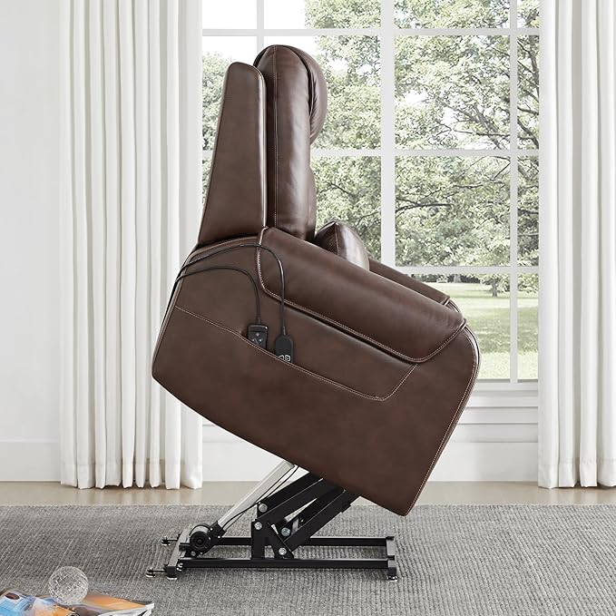 CHITA Electric Power Lift Recliner Chair for Elderly with Massage and Heat, Large Lay Flat Genuine Leather Recliner Chair with Cup Holders, USB Ports, Power Headrest, Independent Backrest, Dark Brown