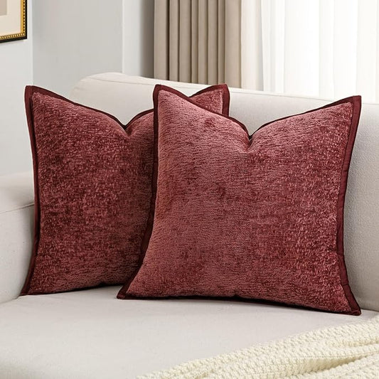 FUTEI Burgundy Chenille Throw Pillow Covers 16x16 Inch Set of 2,Soft Cozy Bound Edge Design Cushion Case,Home Decor for Couch Bed Living Room