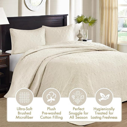 Madison Park Quebec Queen Size Quilt Bedding Set - Ivory , Damask – 3 Piece Bedding Quilt Coverlets – Ultra Soft Microfiber Bed Quilts Quilted Coverlet