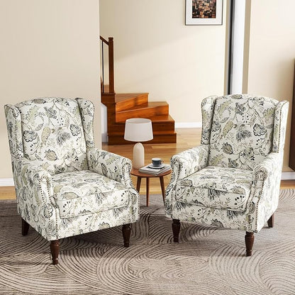 UIXE High Back Floral Accent Chairs Set of 2, Fabric Upholstered Armchair for Living Room, Retro Printed Wingback Arm Chair Nailhead Trim Single Sofa Bedroom Reading Seat - Beige Plants