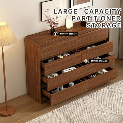 8 Drawer Dresser For Bedroom 55 Inch Wood Chest of Drawers - Curved Anti Collision, Mid Century Dresser For Closet with Natural Texture & Pre-Embedded Slots for TV Stand, Living Room, Nursery