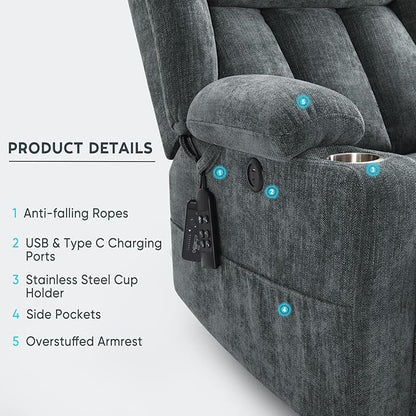 Dual Motor Power Lift Recliner Chair for Elderly, Heavy Duty Steel Chenille Fabric High-Density Sponge, USB & Type-C Port Blue Standing Assistance Reclining Chair with Massage and Heat