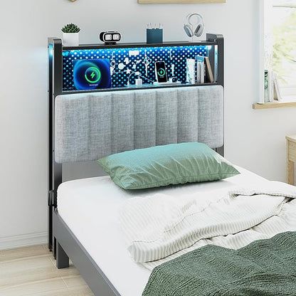 VINGLI Twin or Twin XL Size Headboard, Adjustable Upholstered Headboard with 2 Tier Shelves and Pegboard with Charging Stations and LED Lights, Modern Bed Headboard with Storage for Bedroom Decor