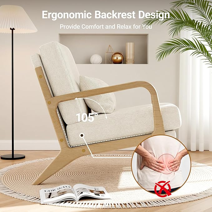 Claiks Mid-Century Modern Accent Chair, Living Room Armchair with Solid Wood Frame & Lumbar Pillow, Comfy Upholstered Lounge Chair for Bedroom, Office, Corduroy, Beige