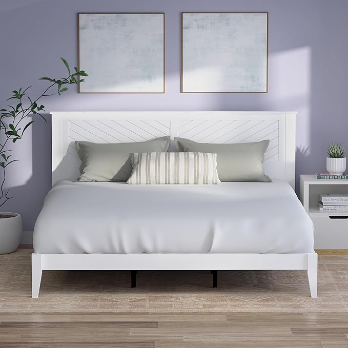 Serene Farmhouse Style Wood Bed in King Size with Chevron Scoring Headboard, Coastal Modern Design, Sturdy, Easy Assembly, Ample Underbed Storage, White Finish