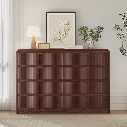 FURSUN Fluted 8 Drawers Dresser for Bedroom, 55" Wide Wooden Dresser with Metal Handle, Curved Profile Design, Modern Storage Organizer for Bedroom, Hallway (Walnut)