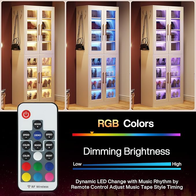 Tribesigns Tall Shoe Storage Cabinet with Acrylic Doors and LED Lights, 8-Tier Shoe Organizer Rack with Adjustable Shelves and Hanging Hooks for Narrow Closet, Hallway, Living Room, White (Set of 2)