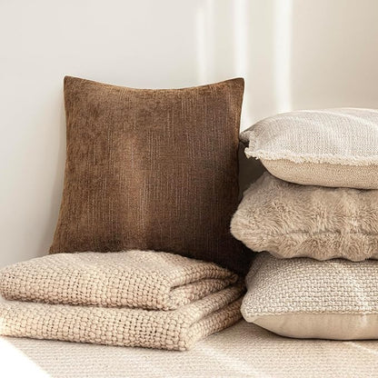 Foindtower Set of 2 Soft Textured Chenille Throw Decorative Pillow Covers Square Accent Solid Cushion Cover Cozy Neutral Farmhouse Pillow Case for Couch Sofa Bedroom Living Room 20x20 Inch,Dark Bronze