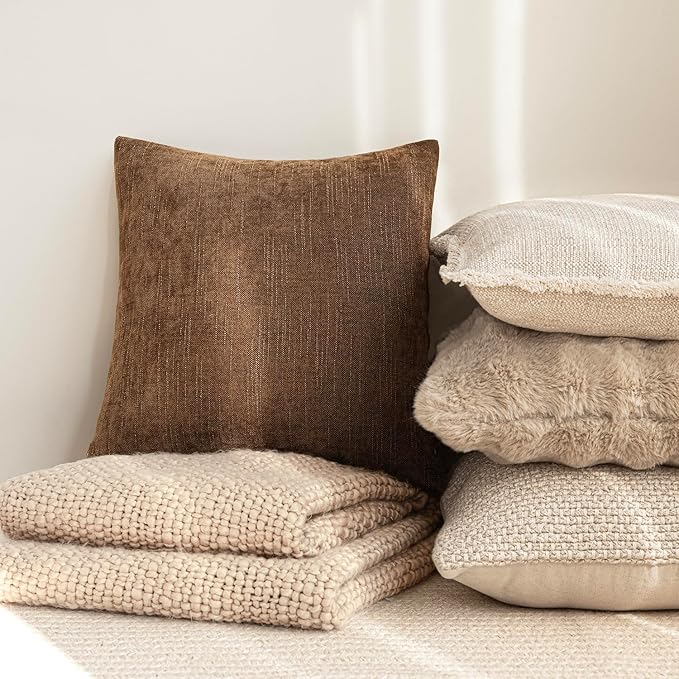 Foindtower Set of 2 Soft Textured Chenille Throw Decorative Pillow Covers Square Accent Solid Cushion Cover Cozy Neutral Farmhouse Pillow Case for Couch Sofa Bedroom Living Room 26x26 Inch,Dark Bronze