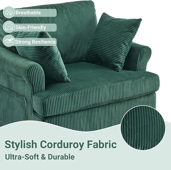 Karl home Swivel Accent Chair Set of 2, 39" Oversized Armchair W/2 Pillows and 4 Pockets,Modern Corduroy Barrel Chairs,Comfy Single Sofa for Living Room,Reading,Bedroom and Office-Dark Green
