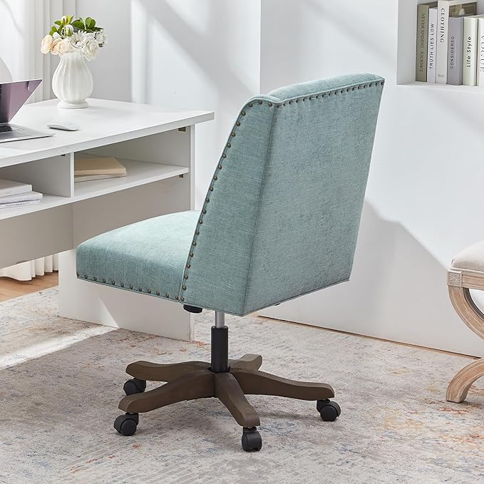 Armless Office Chair with Wooden Legs, Modern Adjustable Upholstered Home Office Desk Chair No Arms Sewing Chair Swivel Chair for Home Office Study Studio (Teal)