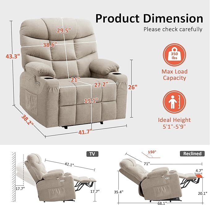 MCombo Oversized Power Lift Recliner Chair with Extended Footrest for Elderly People, Fabric R7289 (Oatmeal, Medium-Oversize)