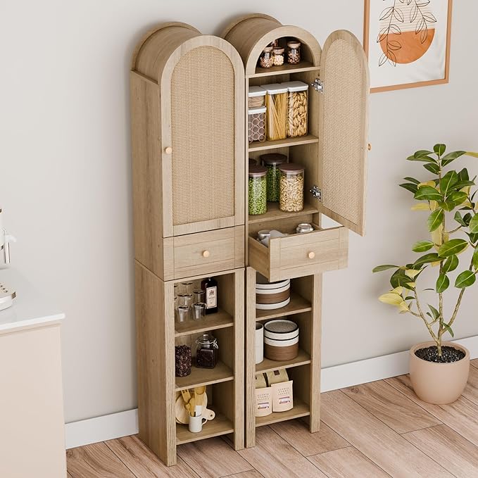 70" Tall Bathroom Storage Cabinet with Rattan Door，Narrow Storage Cabinet with Drawer Adjustable Shelves, Modern Arched Design Bathroom Cabinet for Bathroom, Living Room, Kitchen, Natural