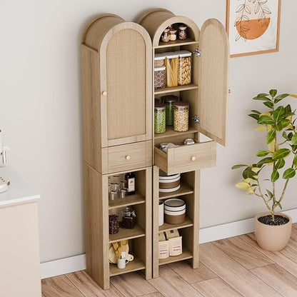 70" Tall Bathroom Storage Cabinet with Rattan Door，Narrow Storage Cabinet with Drawer Adjustable Shelves, Modern Arched Design Bathroom Cabinet for Bathroom, Living Room, Kitchen, Natural