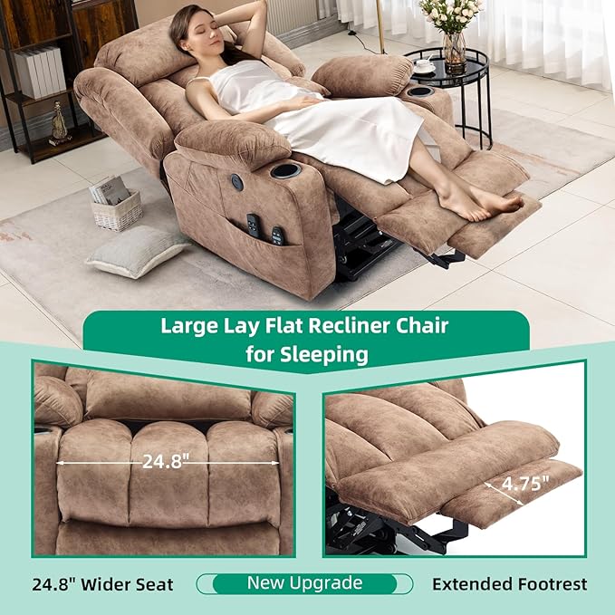 VIVIJASON Tall Man Dual Motor Power Lift Recliner Chair with Extended Footrest, Oversized Lay Flat Sleeper Electric Recliner W/Heat & Massage, Lumbar Pillow, USB & Type-C Ports, Infinite Position