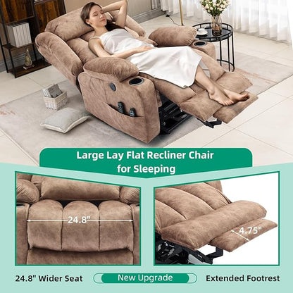 VIVIJASON Tall Man Dual Motor Power Lift Recliner Chair with Extended Footrest, Oversized Lay Flat Sleeper Electric Recliner W/Heat & Massage, Lumbar Pillow, USB & Type-C Ports, Infinite Position