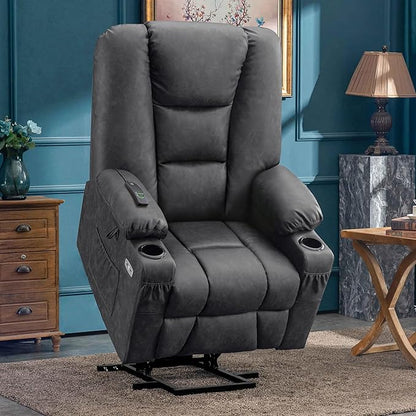 MCombo Large Power Lift Recliner Chair Sofa with Massage and Heat for Big and Tall Elderly People, 3 Positions, Cup Holders, and USB Ports, Faux Leather 7539 (Large, Dark Grey)