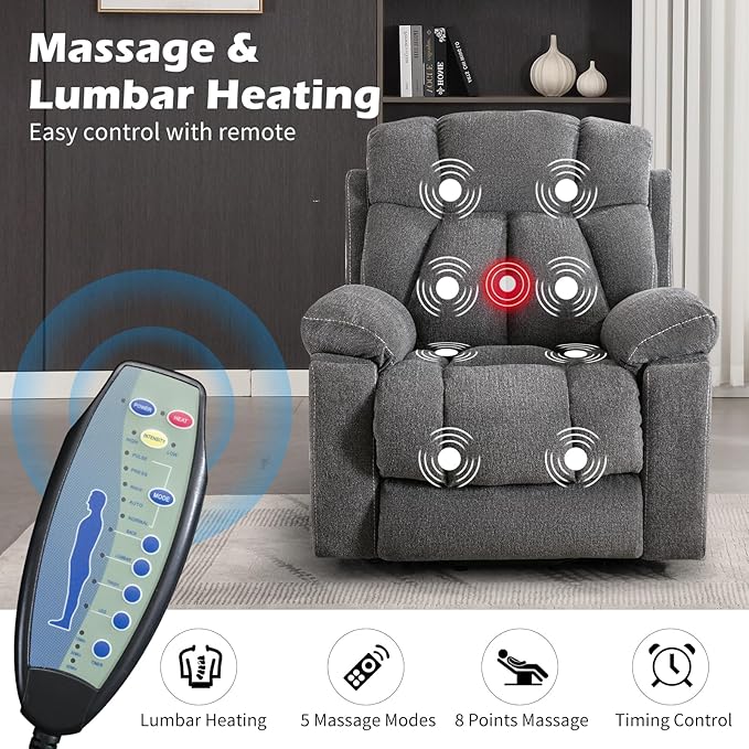 Large Power Lift Recliner Chair with Massage and Heat for Elderly, Wide Padded Recliner with 2 Cup Holders, Side Pocket & USB Charger(1, Dark Gray)