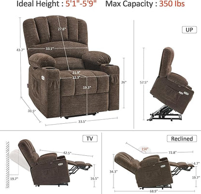MCombo Power Lift Recliner Chair for Elderly, Lift Chair with Heat and Massage, USB &Type C Ports, Cup Holders, Fabric 7095 (Medium, Mocha)