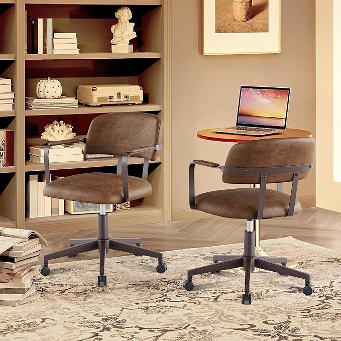 Home Office Desk Chair, Mid-Century Style Desk Chair with Padded Arms, Adjustable Seat Height, Mid Back 360° Small Computer Chair with Mobile Mute Wheel, PU Leather (Brown)