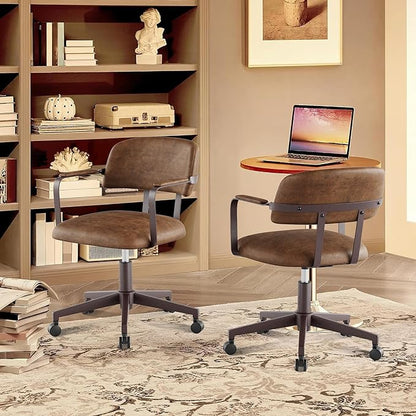 Home Office Desk Chair, Mid-Century Style Desk Chair with Padded Arms, Adjustable Seat Height, Mid Back 360° Small Computer Chair with Mobile Mute Wheel, PU Leather (Brown)