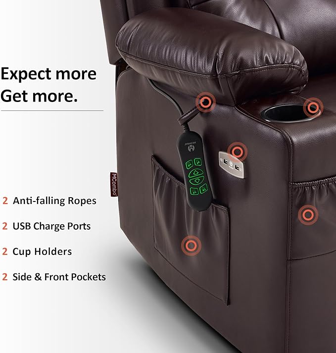 MCombo Large Triple Motor Power Lift Recliner Chair with Massage and Heat for Elderly People, Adjustable Headrest, Infinite Position, USB Ports, Faux Leather 7662 (Dark Brown, Large)