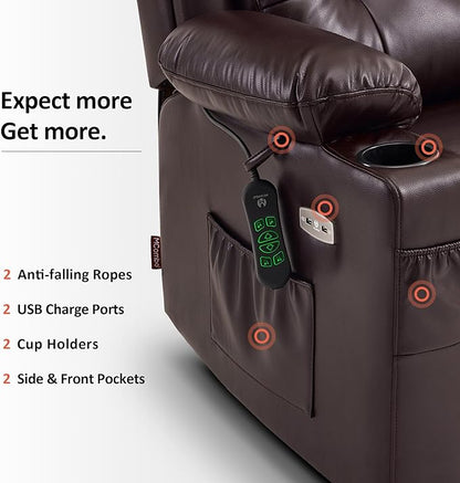 MCombo Large Triple Motor Power Lift Recliner Chair with Massage and Heat for Elderly People, Adjustable Headrest, Infinite Position, USB Ports, Faux Leather 7662 (Dark Brown, Large)