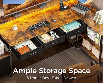 AODK L Shaped Desk with 5 File Drawers, 66" Reversible L Shaped Computer Desk with Power Outlet & LED Strip, Office Desk with Storage Shelves, Gaming Table with Monitor Shelf, Corner Table, Vintage