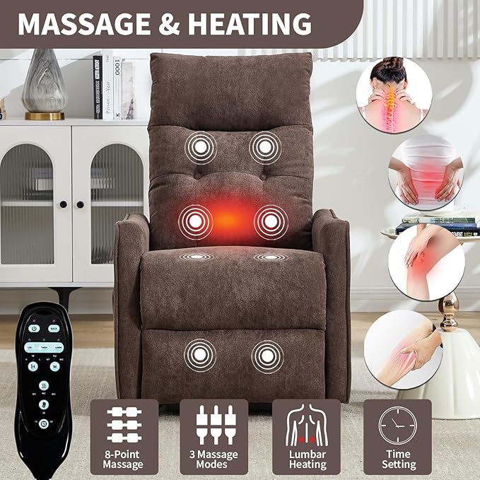 PELUMY Manual Lift Recliner Chair with Massage and Heat for Elderly, Single Motor Electric Lift Chair, Heavy Duty Recliner with USB Charging & Side Pockets (Chenille, Brown)