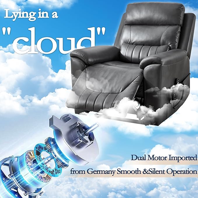 Power Lift Recliner Chair for Elderly People, Dual Motor Lay Flat Recliner with Vibration Massage and Heat, Heavy Duty Motion Mechanism Standing Assistance Reclining Chair, Faux Leather Dark Gray
