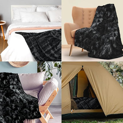 Everlasting Comfort Soft & Comfortable Black Faux Fur Throw Blanket for Couch - (50"x65") Minky & Fluffy Fall Blankets & Throws, Plush Fuzzy Cover for Bed, Sofa & Living Room - Cozy Home Decor