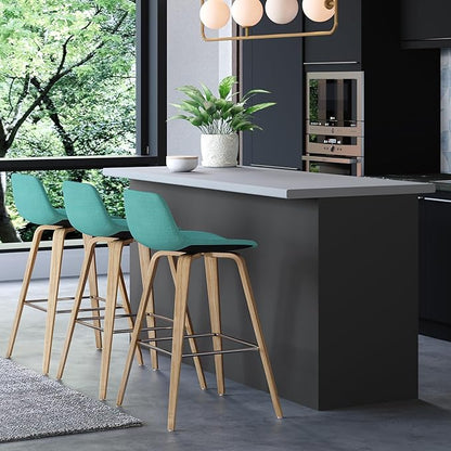 SIMPLIHOME Randolph Counter Stools (Set of 2) - 28 Inch Seat Height Upholstered Bentwood Kitchen Seats in Aqua Blue Polyester Linen Fabric, Mid Century Seating with Curved Backrest and Footrest
