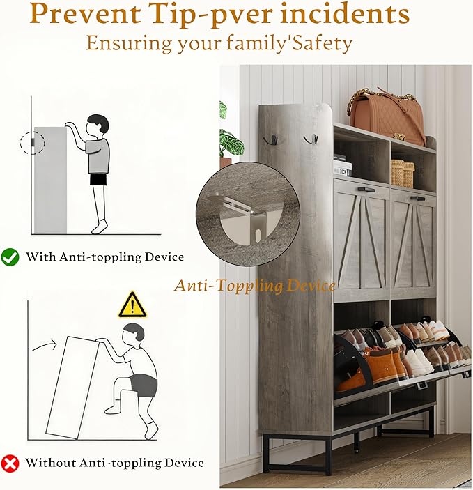 Shoe Cabinet Storage for Entryway, Shoe Storage Cabinet with 4 Flip Drawers, Freestanding Narrow Shoe Rack Organizer with Metal Legs, Adjustable Shelves & Open Storage for Foyer, Hallway, Grey