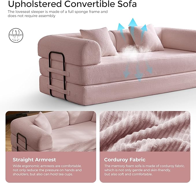 79" Convertible Sofa Bed with Fixed-Shape Frame & Removable Armrests, Modular Corduroy Sleeper Sofa, Folding Mattress Couch for Small Spaces - No Assembly Needed in Pink (Includes 2 Pillows)