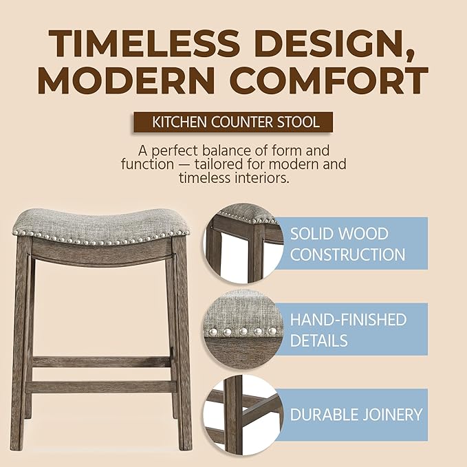 ROME + OAK Set of 2 Parker 26 Inch Counter Stool, Backless Saddle Kitchen Barstool in Walnut Finish with Grey Fabric Upholstery Cushion Seat