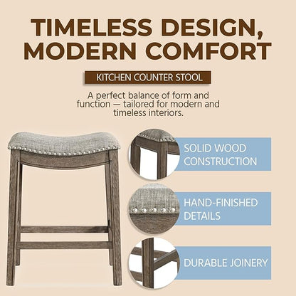 ROME + OAK Set of 4 Parker 26 Inch Counter Stool, Backless Saddle Kitchen Barstool in Walnut Finish with Grey Fabric Upholstery Cushion Seat