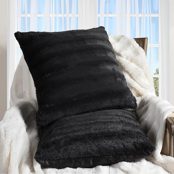 Cheer Collection Faux Fur Throw Pillows - Decorative Pillows for Couch, Bed Throw Pillows, Black Accent Pillows for Bedroom or Living Room Aesthetic, Set of 2 Furry Throw Pillows, 22" x 22"