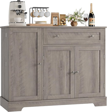 HOSTACK Buffet Cabinet with Storage, Modern Sideboard Buffet with Doors, Wood Coffee Bar Kitchen Storage Cabinet with Drawer and Adjustable Shelf for Kitchen, Dining Room, Living Room, Ash Grey