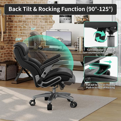 Big and Tall Office Chair with 5D Arms, 600lbs Heavy Duty Desk Chair with Adjustable Lumbar Support, PU Leather High Back Ergonomic Executive Computer Chair with 3'' Silent Casters