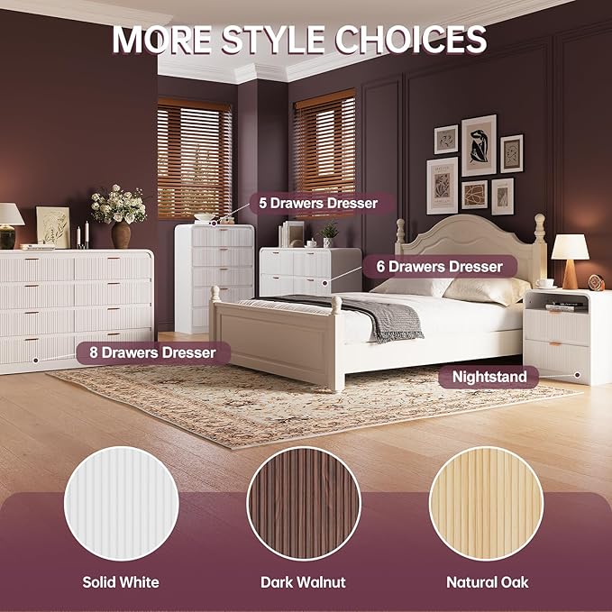 FURSUN Fluted 6 Drawers Dresser for Bedroom, 54" Wide Wooden Dresser with Metal Handle, Curved Profile Design, Modern Storage Organizer for Bedroom, Hallway (White)